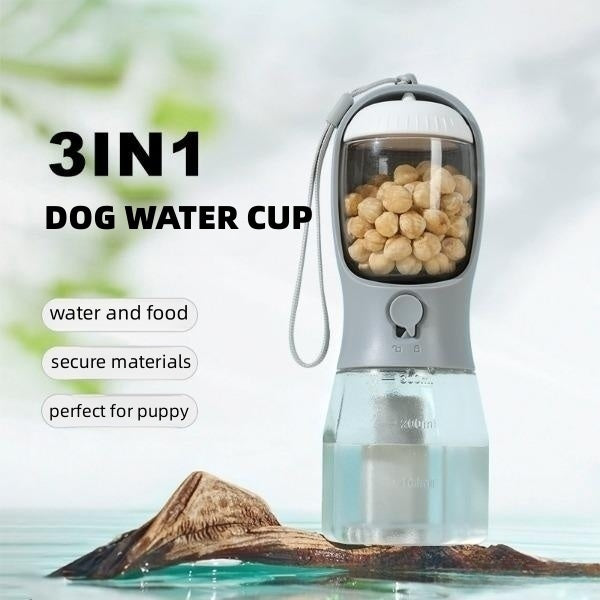 3-in-1 Portable Dog Water Bottle, Food Container & Waste Bag Dispenser – Leak-Proof Travel Cup