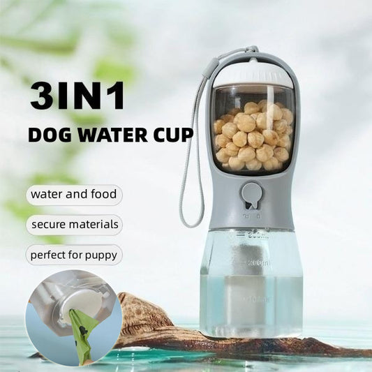 3-in-1 Portable Dog Water Bottle, Food Container & Waste Bag Dispenser – Leak-Proof Travel Cup