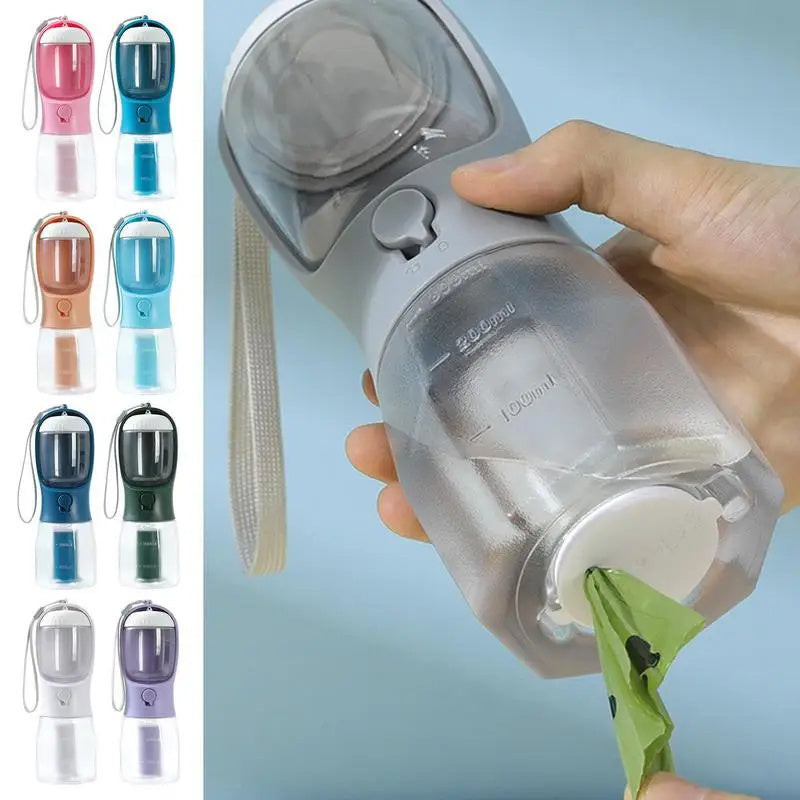 3-in-1 Portable Dog Water Bottle, Food Container & Waste Bag Dispenser – Leak-Proof Travel Cup
