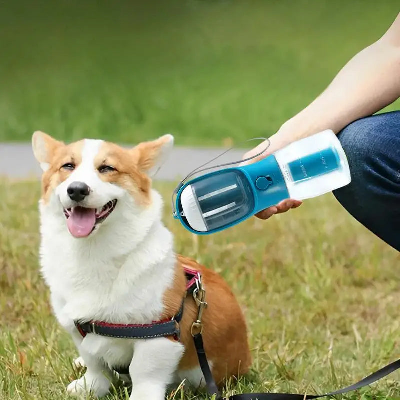 3-in-1 Portable Dog Water Bottle, Food Container & Waste Bag Dispenser – Leak-Proof Travel Cup